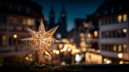 Guiding light star over holy city heavily defocused night background spiritual illumination symbol seasonal religious significance Christmas faith representation yuletide