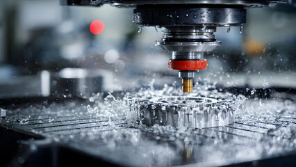 Ultra-realistic CNC machining center cutting non-identifiable metal parts in a controlled factory setting