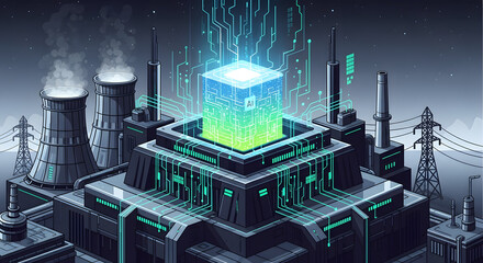 Glowing cube on industrial building rooftop.