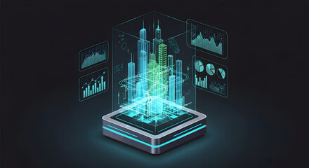 Glowing digital cityscape on platform.