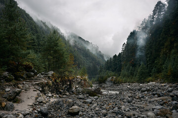 A mountain river valley with a rocky riverbed. Trees line the hills, and mist covers the landscape. The stream flows through the rocks, creating a natural setting
