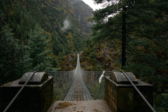 A suspension bridge stretches across a deep valley surrounded by tall mountains and dense trees. The scene captures a misty atmosphere with some fog hovering over the landscape