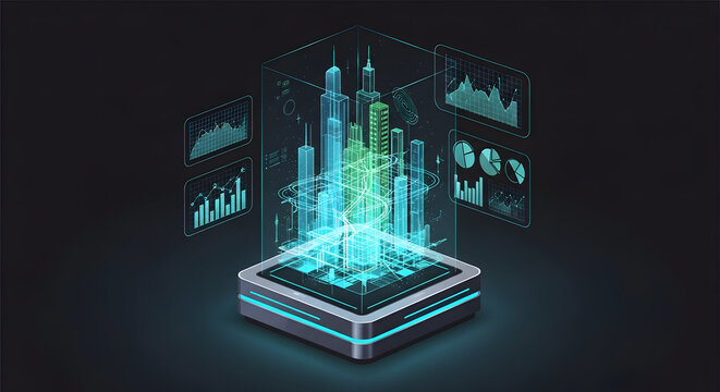 Glowing digital cityscape on platform. - Powered by Adobe