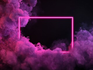 Rectangle frame and pink neon light and smoke banner on black background