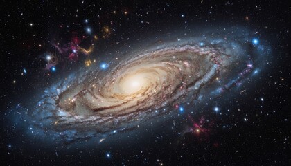 Vast spiral galaxy in deep space with swirling arms and bright central core surrounded by distant stars and nebulae under dark cosmic background lighting