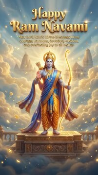 Lord Rama with Bow and Arrow on Pedestal Amidst Clouds and Temples for Ram Navami Hindu festival celebration