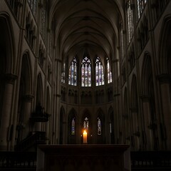 Fototapeta premium Dimly Lit Gothic Cathedral Interior with Single Candle on Altar and Stained Glass Windows