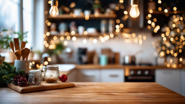 Celebrating Christmas spirit in cozy kitchen heavily defocused holiday décor background warm atmosphere festive setting joyful vibes representation seasonal culinary space - Powered by Adobe