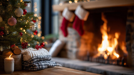 Cozy Christmas living room scene with beautifully decorated tree heavily defocused background roaring fireplace and festive stockings visible evoking holiday warmth atmosphere