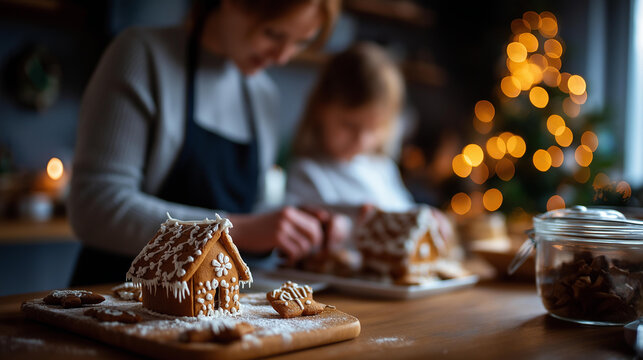 Cozy Christmas tradition of building and decorating gingerbread houses heavily defocused family background seasonal confectionery activity holiday baking bonding yuletide - Powered by Adobe