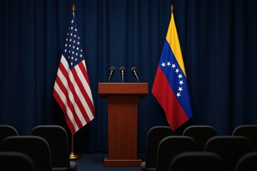 A Professional Setting with a Podium Flanked by American and Venezuelan Flags, Ready for Diplomatic Discussions or Public Statements