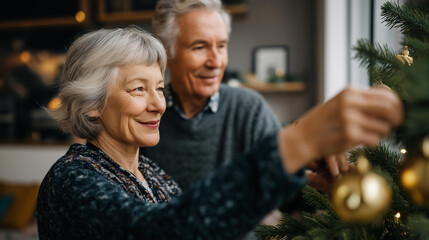 Faceless elderly couple decorating Christmas tree in cozy living room defocused home interior background anonymous senior partners celebrating together holiday tradition