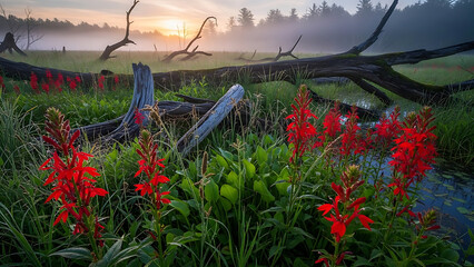 Vibrant cardinal flowers in a misty wetland at sunrise with fallen decaying logs