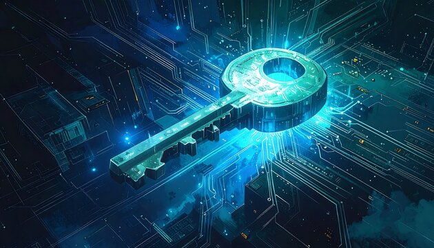 A luminous, metallic key hovers amidst a glowing network of electronic pathways, suggesting digital security - Powered by Adobe