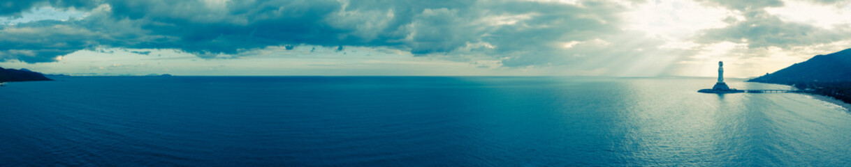 Guanyin statue at seaside in nanshan temple, hainan island , China. Words mean mercy and blessing.