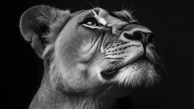 A majestic lion's profile captured in black and white with fine details.