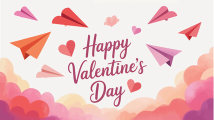 A flat illustration of several paper planes and hearts in pink, red, and orange hues on a white background with a cloudy border, conveying