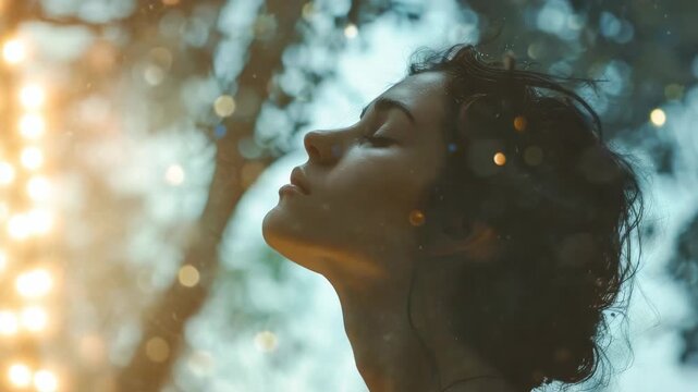 A tranquil featuring an individual lost in thought amidst a magical display of sparkles and bokeh.