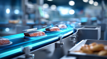 Fresh sea fish moving continuously along stainless steel conveyor belt in modern automated food processing plant, industrial seafood production line machinery, efficient workflow, 