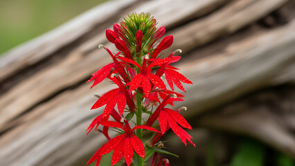 A vibrant red cardinal flower in full bloom, highlighted against a rustic wooden background