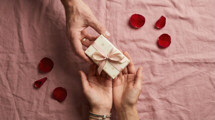 Mans Hand Giving Gift Box to Woman on Pink Background with Rose Petals