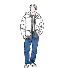 Stylish Man in White Puffer Jacket and Blue Jeans Illustration
​
