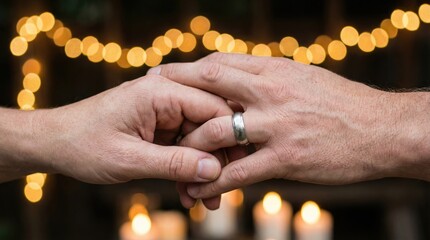 Close up of Couples Hands Intertwined with Warm Bokeh Lights