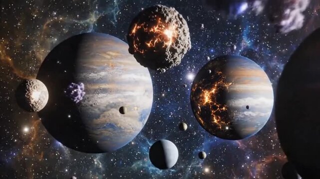 A surreal and awe-inspiring cosmic scene featuring multiple planets and asteroids in the vast expanse of space