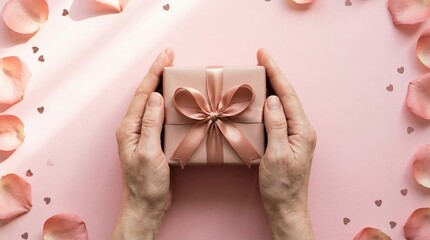 Two Hands Gently Holding a Pink Gift Box with Rose Petals and Hearts