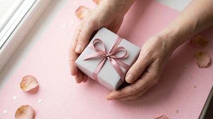 Gentle Hands Holding a Small Gift Box with Pink Ribbon on a Soft Pastel Surface