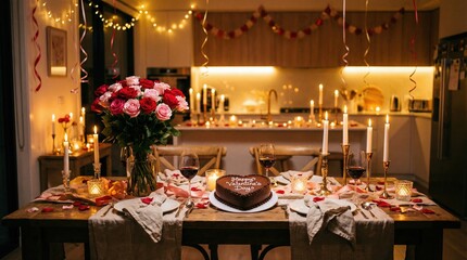 Cozy Valentines Day Dinner Setup with Heart shaped Cake and Candles