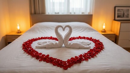 Romantic Bed Decor with Towel Swans and Red Rose Petals in Heart Shape