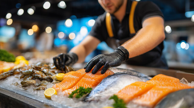Faceless fishmonger sorting fresh seafood on icy market display wearing protective black gloves, maintaining strict quality standards, professional fish handling, defocused stall, 
