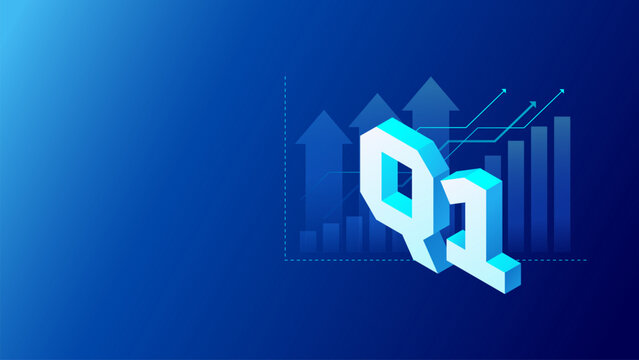 Q1 business presentation background with Q1 isometric lettering, and arrows up financial growth on dark blue background. Vector modern illustration for the first quarter business presentations slides
