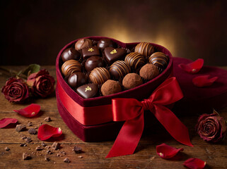 Gourmet Chocolates in Velvet Heart Box with Roses and Petals on Wood