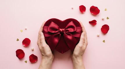 Hands Gently Holding a Red Velvet Heart Gift Box with Rose Petals and Pearls