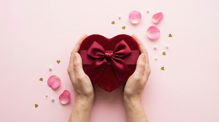 Top View of Hands Holding Velvet Heart Gift Box with Rose Petals and Confetti