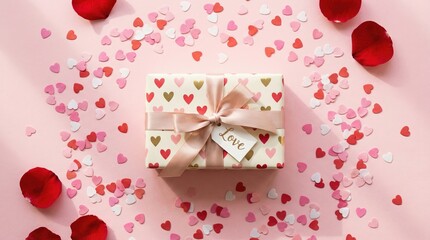 Romantic Gift Box with Love Tag, Heart Confetti, and Rose Petals