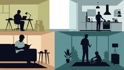 People engaged in various home activities including work cooking and leisure.