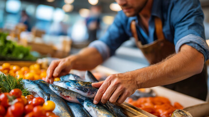 Close-up of faceless person's hands diligently sorting and preparing vibrant pile of freshly caught fish at bustling market, traditional seafood commerce, defocused market stalls, 