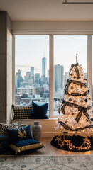Festive Christmas tree with city skyline view, cozy window seat interior, presents, and plaid pillows in a luxury apartment.