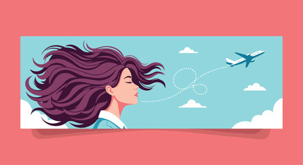 Young woman with her hair blowing in the wind dreams of traveling as an airplane flies in the sky above her head.