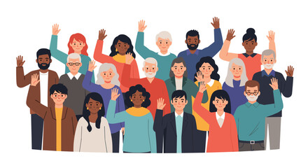 Large and diverse crowd of people of all ages and ethnicities are happily waving their hands in a welcoming gesture.