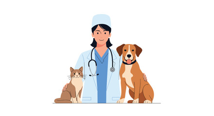 Friendly female veterinarian is standing with a happy dog and a calm cat, representing a veterinary clinic for pets.