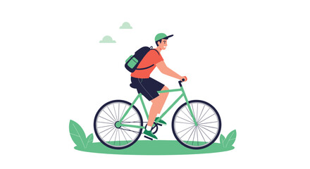 Fototapeta premium Happy young man with a backpack enjoying a healthy and active lifestyle by riding his bicycle outdoors in the park or nature.