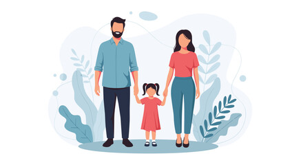 Happy family portrait of a father, mother, and their young daughter standing together and holding hands with love and care.