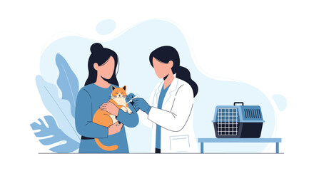 Female veterinarian giving a vaccination or injection to a ginger cat being held by its owner in a veterinary clinic.