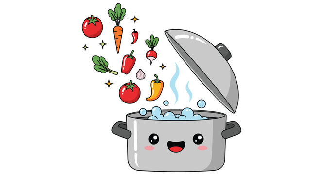 Cute kawaii-style cooking pot with a happy face boiling water as fresh vegetables like tomatoes and carrots fall inside.