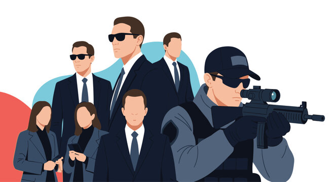 Group of secret service agents, bodyguards in suits and sunglasses, and a special forces police officer with a rifle.