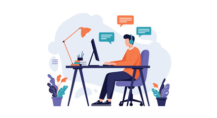 Young man wearing headphones working on a computer at his desk, engaged in remote work, online learning, or customer service.